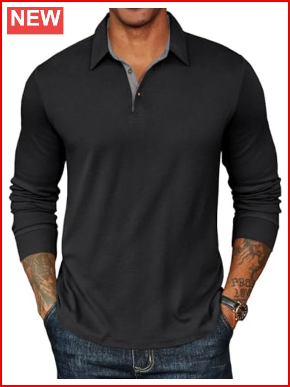 Long Sleeve Polo Shirt Classic Casual Button Contrast Collar